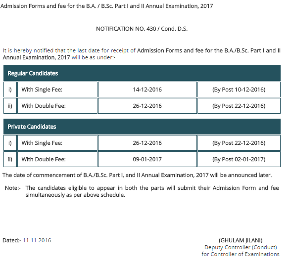 Punjab University BA BSc Admission Form Last Date 2024
