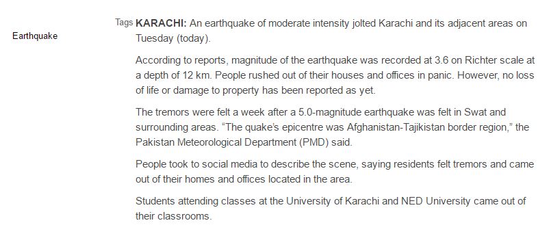 3.6 magnitude earthquake jolts Karachi 17 January 2017