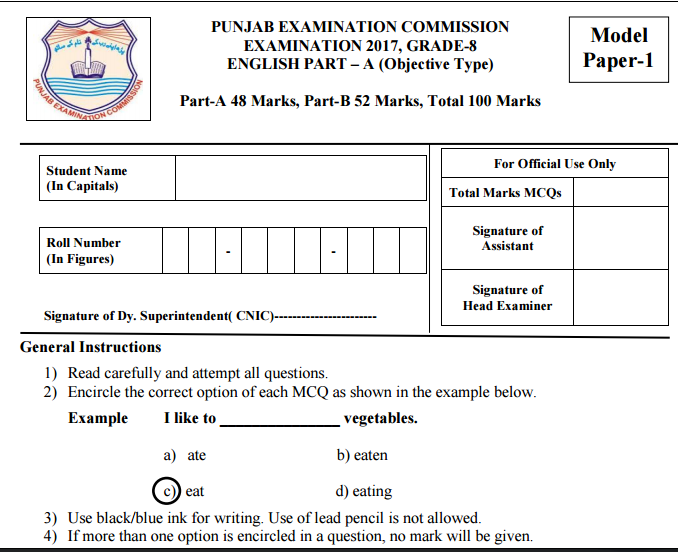 General Guidlines For 8th Class Exams 2017 in 8th Class English Model Paper