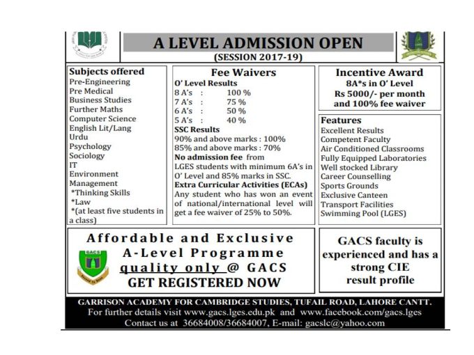 Lahore Garrison Education System A Level Admission Open 2017