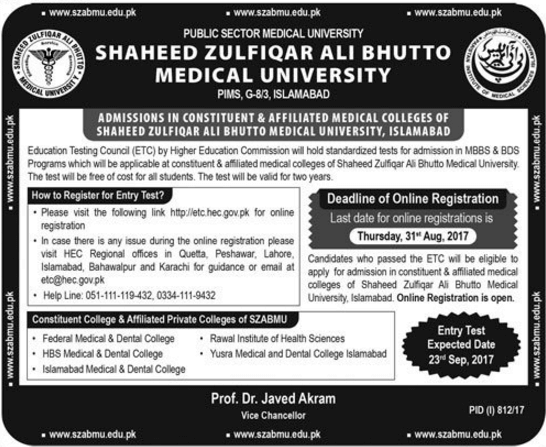 Shaheed Zulfiqar Ali Bhutto Medical University Admission In 2017