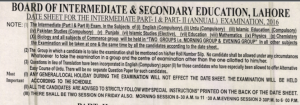 BISE Lahore Board Intermediate Date Sheet 2024 Part 1, Part 2