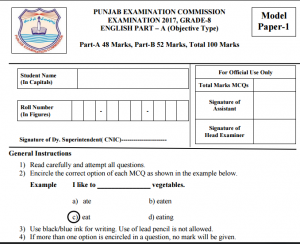 8th Class English Model Paper 2017 PEC Issued Board Sample Papers