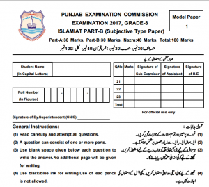 8th Class Islamiat Model Paper 2024 PEC Issued Board Sample Papers