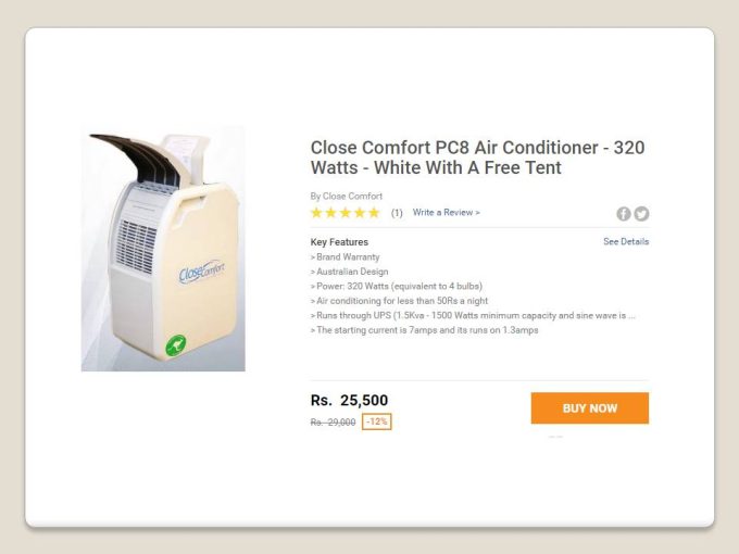 Close Comfort PC8 Air Conditioner 320 Watts White With A Free Tent