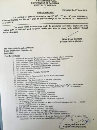 Eid Ul Fitr 2018 Holidays In Pakistan Announced Government