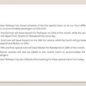 Pakistan Railway Eid Package, Eid Special Train Schedule 2023