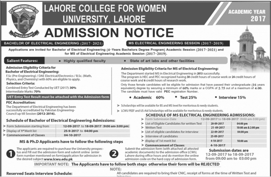 Lahore College For Womens University Admission 2017 Electrical Engineering