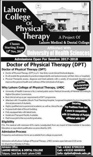 Lahore College Of Physical Therapy DPT Admissions 2017 Advertisement