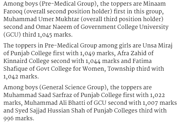 Lahore board inter toppers names Pre medical and general science group 2017