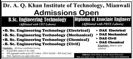 dr aq khan institute of technology mianwali admission 2017 Advertisement