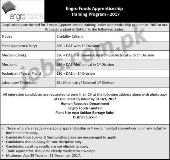Engro Foods Sukkur Apprenticeship 2017 Advertisement