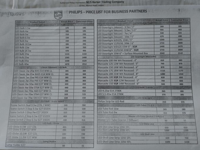Philips Rate List for Business Partners In Lahore